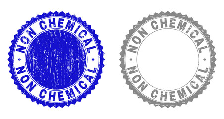 Grunge NON CHEMICAL stamp seals isolated on a white background. Rosette seals with grunge texture in blue and grey colors. Vector rubber stamp imprint of NON CHEMICAL title inside round rosette.