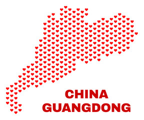 Fototapeta premium Mosaic Guangdong Province map of heart hearts in red color isolated on a white background. Regular red heart pattern in shape of Guangdong Province map. Abstract design for Valentine illustrations.