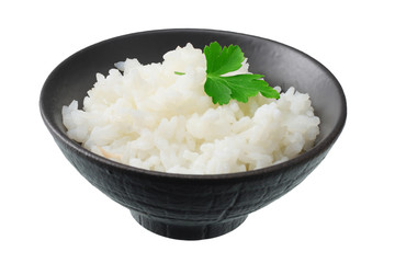 White rice in black bowl isolated on white background.