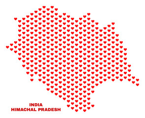 Mosaic Himachal Pradesh State map of heart hearts in red color isolated on a white background. Regular red heart pattern in shape of Himachal Pradesh State map.