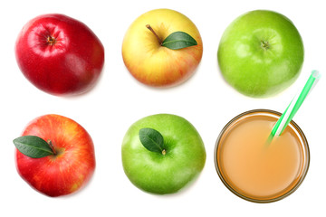 green and red apples with apple juice isolated on white background. top view