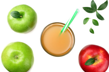 green and red apples with apple juice isolated on white background. top view