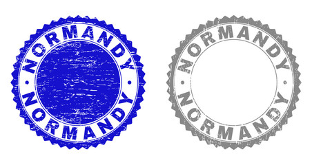 Grunge NORMANDY stamp seals isolated on a white background. Rosette seals with grunge texture in blue and gray colors. Vector rubber stamp imprint of NORMANDY title inside round rosette.