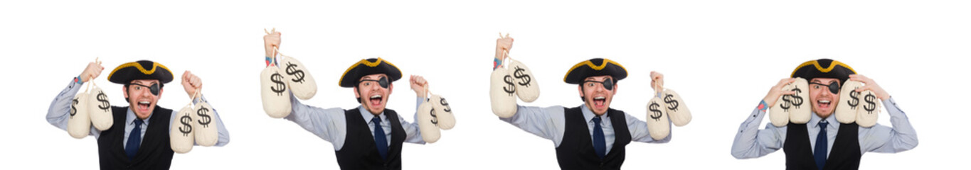 One-eyed man with moneybags isolated on white