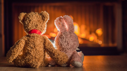 Toy bear hugging a hare look at the burning fireplace