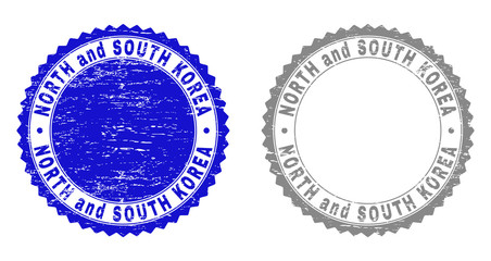 Grunge NORTH AND SOUTH KOREA stamp seals isolated on a white background. Rosette seals with grunge texture in blue and gray colors.
