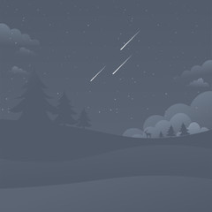 Dark Night Sky Landscape Falling Stars Nature Background Flat Style Vector Illustration