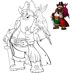 Coloring cartoon pirate with rum and parrot. Coloring book for kids.