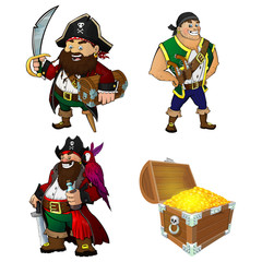 A set of cartoon characters pirates and treasure chest