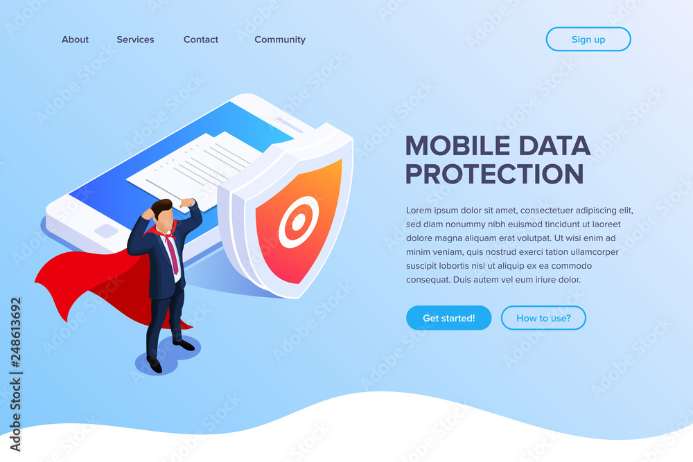 Aufkleber flat isometric database protection concept. protect your files or photos on your mobile device. can 