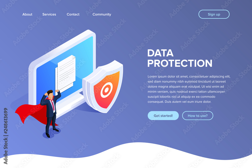 Aufkleber flat isometric database protection concept. protect your files or photos on your desktop pc. can use