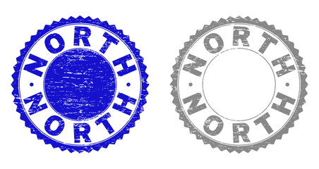 Grunge NORTH stamp seals isolated on a white background. Rosette seals with grunge texture in blue and gray colors. Vector rubber stamp imprint of NORTH title inside round rosette.