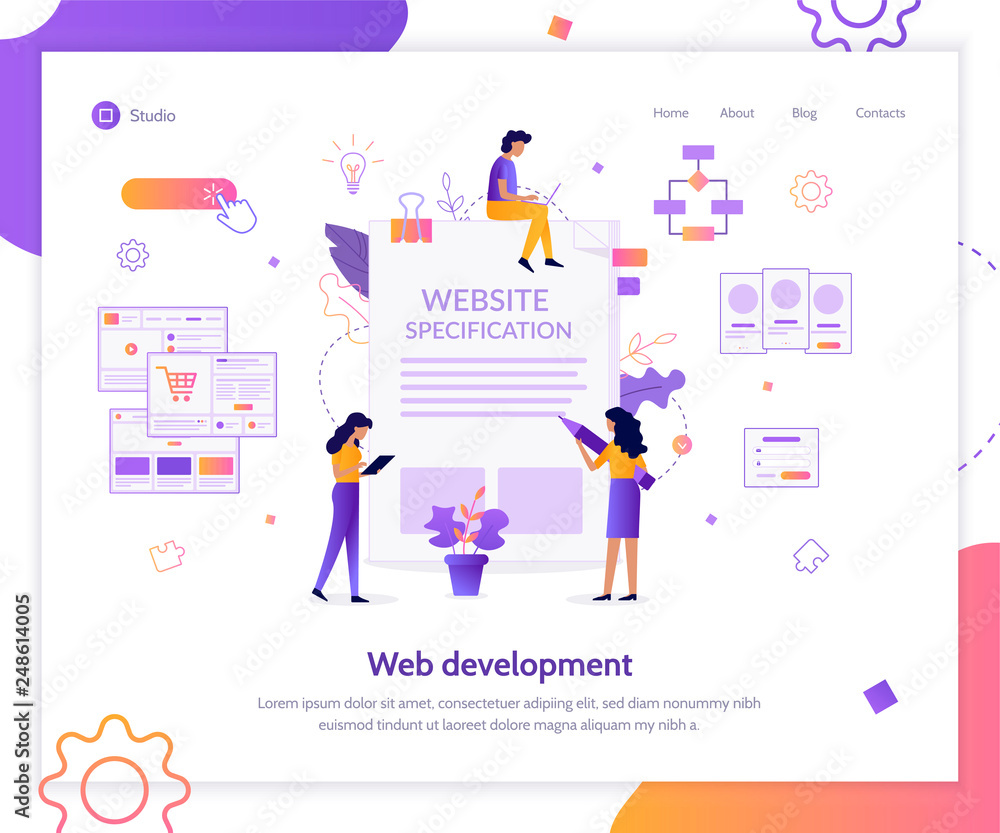 Wall mural a team of specialists prepares website specification. landing page template. flat vector illustratio