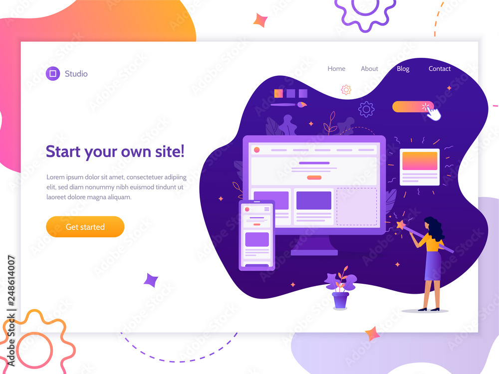 Poster start your own site. web banner template. website builder concept. flat vector illustration.
