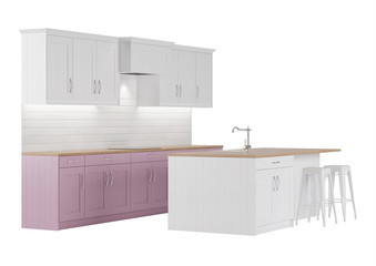 Pink kitchen on a white background. 3D rendering.