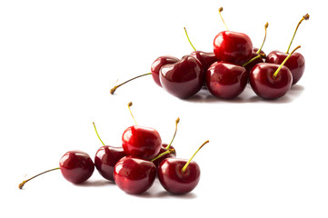 Fresh red cherries isolated on white background. Cherry fruit with copy space for text. Ripe cherry on a white background.