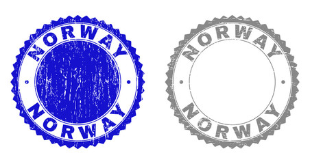 Grunge NORWAY stamp seals isolated on a white background. Rosette seals with grunge texture in blue and gray colors. Vector rubber stamp imprint of NORWAY tag inside round rosette.