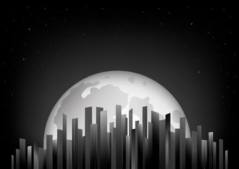 black and white skyscrapers on the background of the full moon and night sky, horizontal vector illustration