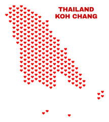 Mosaic Koh Chang map of heart hearts in red color isolated on a white background. Regular red heart pattern in shape of Koh Chang map. Abstract design for Valentine illustrations.