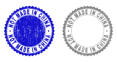Grunge NOT MADE IN CHINA stamp seals isolated on a white background. Rosette seals with grunge texture in blue and gray colors. Vector rubber watermark of NOT MADE IN CHINA label inside round rosette.