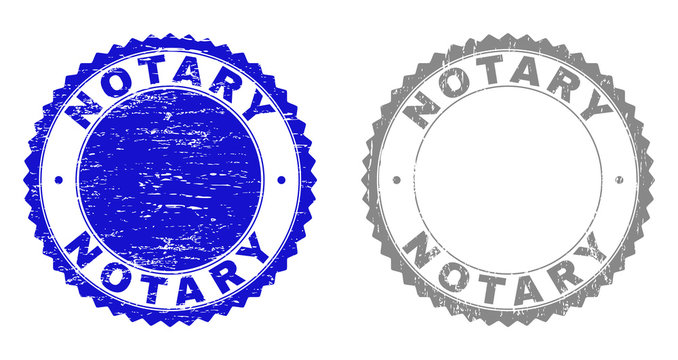 Grunge NOTARY stamp seals isolated on a white background. Rosette seals with grunge texture in blue and grey colors. Vector rubber stamp imprint of NOTARY caption inside round rosette.