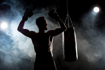 silhouette of muscular athlete in boxing gloves with hands above head on black with smoke