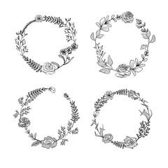 Graphic wreaths with flowers and plants on white isolated background