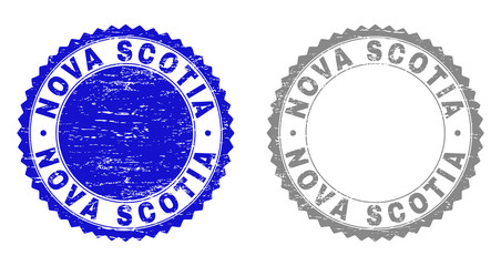 Grunge NOVA SCOTIA stamp seals isolated on a white background. Rosette seals with distress texture in blue and grey colors. Vector rubber stamp imitation of NOVA SCOTIA text inside round rosette.