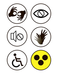 black and white disability symbols and signs collection, may be used to publicize accessibility of places, and other activities for people with various disabilities.vector illustration