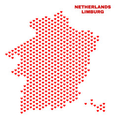 Mosaic Limburg Province map of heart hearts in red color isolated on a white background. Regular red heart pattern in shape of Limburg Province map. Abstract design for Valentine decoration.