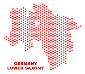 Fototapeta premium Mosaic Lower Saxony Land map of valentine hearts in red color isolated on a white background. Regular red heart pattern in shape of Lower Saxony Land map. Abstract design for Valentine decoration.