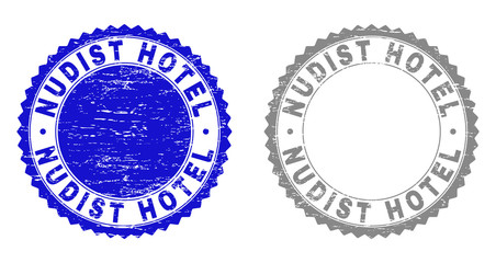 Grunge NUDIST HOTEL stamp seals isolated on a white background. Rosette seals with grunge texture in blue and gray colors. Vector rubber stamp imitation of NUDIST HOTEL label inside round rosette.