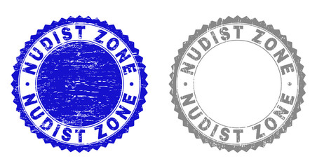 Grunge NUDIST ZONE stamp seals isolated on a white background. Rosette seals with grunge texture in blue and gray colors. Vector rubber overlay of NUDIST ZONE title inside round rosette.