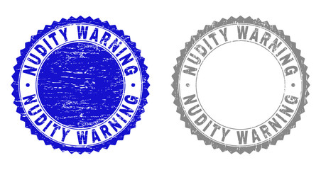 Grunge NUDITY WARNING stamp seals isolated on a white background. Rosette seals with grunge texture in blue and grey colors. Vector rubber watermark of NUDITY WARNING caption inside round rosette.