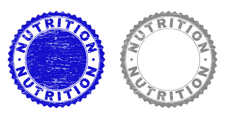 Grunge NUTRITION stamp seals isolated on a white background. Rosette seals with distress texture in blue and grey colors. Vector rubber watermark of NUTRITION label inside round rosette.