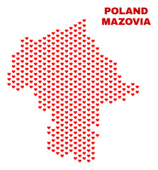 Fototapeta premium Mosaic Mazovia Province map of heart hearts in red color isolated on a white background. Regular red heart pattern in shape of Mazovia Province map. Abstract design for Valentine illustrations.