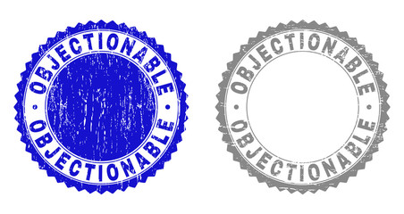 Grunge OBJECTIONABLE stamp seals isolated on a white background. Rosette seals with distress texture in blue and gray colors. Vector rubber stamp imitation of OBJECTIONABLE tag inside round rosette.