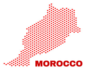 Mosaic Morocco map of love hearts in red color isolated on a white background. Regular red heart pattern in shape of Morocco map. Abstract design for Valentine decoration.