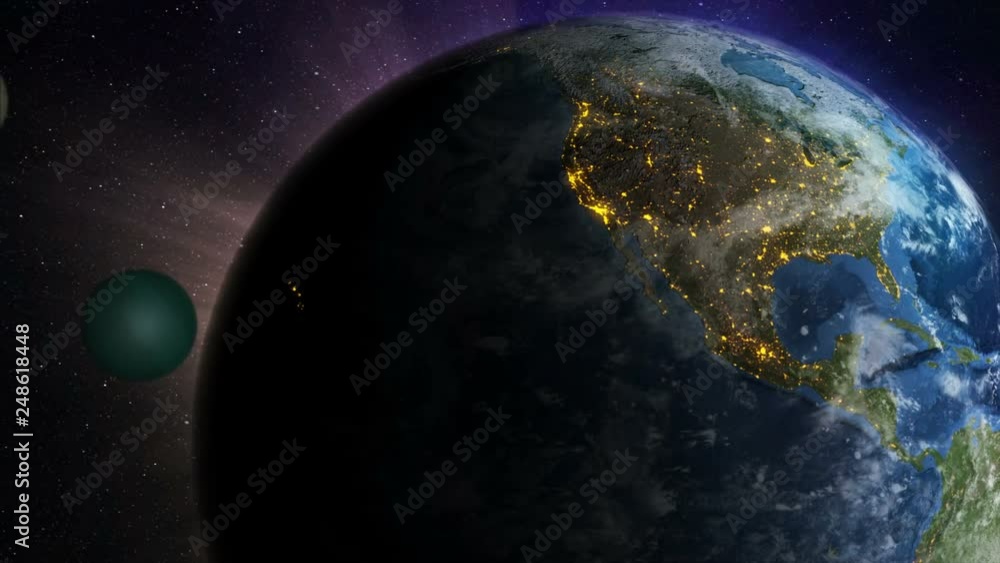 Poster 3d rendering globe spinning and orbit in the universe with lighting effect and dark grain processed 