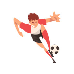 Fototapeta premium Soccer Player Kicking Ball, Football Player Character in Uniform Training and Practicing, Front View Vector Illustration