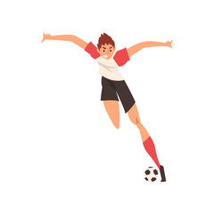Fototapeta na wymiar Professional Soccer Player Shooting Ball Quickly, Football Player Character in Uniform Training and Practicing Soccer Vector Illustration