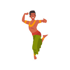 Young Man Performing Folk Dance, Smiling Indian Dancer in Traditional Clothes Vector Illustration