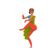 Fototapeta na wymiar Young Smiling Woman Performing Folk Dance, Female Indian Dancer Character in Traditional Clothes Vector Illustration