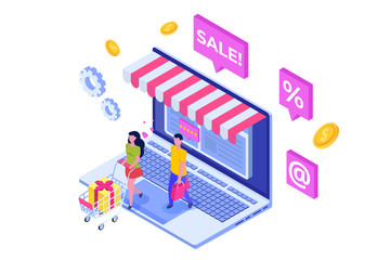Online Shopping isometric concept with characters. Ecommerce retail on device. Vector illustration.