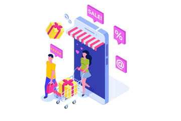Online Shopping isometric concept with characters. Ecommerce retail on device. Vector illustration.