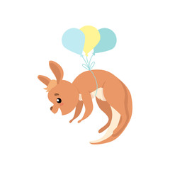 Cute Baby Kangaroo Flying with Balloons, Brown Wallaby Australian Animal Character Vector Illustration
