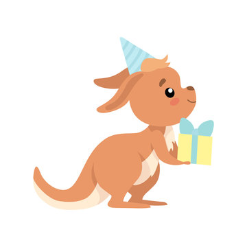 Cute Baby Kangaroo Wearing Party Hat Holding Gift Box, Brown Wallaby Australian Animal Character Vector Illustration