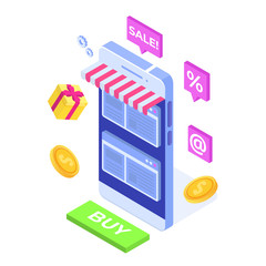 Online Shopping on mobile phone isometric concept. Ecommerce retail app on device. Vector illustration.