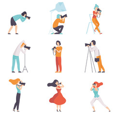 Fototapeta na wymiar Professional Photographers Taking Photos Using Professional Equipment Set, Men and Women with Digital Cameras Making Pictures Vector Illustration