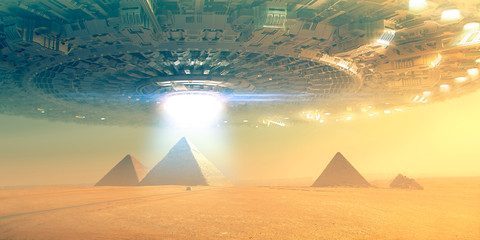 Giant Flying saucer over pyramid in giza -  3d rendering - obrazy, fototapety, plakaty